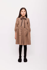 OLIVIA ROHDE LONG SLEEVE PETER PAN COLLAR WITH BOW TIE PLAID PRINTED POCKET DRESS