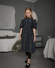 COSMOSOPHIE LOLA RUFFLE TRIM SIDE TIES PLAID PUFF SLEEVE DRESS