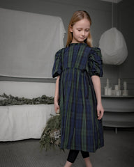 COSMOSOPHIE LOLA RUFFLE TRIM SIDE TIES PLAID PUFF SLEEVE DRESS