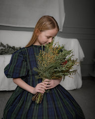 COSMOSOPHIE LOLA RUFFLE TRIM SIDE TIES PLAID PUFF SLEEVE DRESS