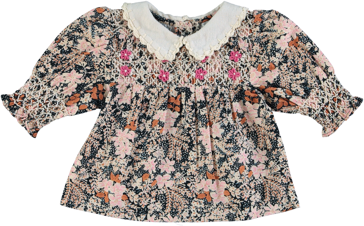 BEBE ORGANIC ELORA 2PC FALL BLOOMS SMOCKED BLOUSE WITH BLOOMERS SET