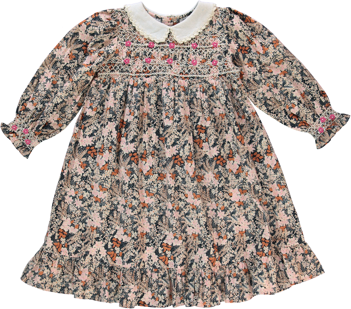 BEBE ORGANIC ELORA FALL BLOOMS SMOCKED DRESS