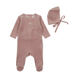 BEE & DEE 3PC EMBROIDERED CENTER EMBOSSED FOOTIE, BONNET AND BLANKET SET