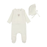 BEE & DEE 2PC EMBROIDERED CENTER EMBOSSED FOOTIE AND BONNET SET