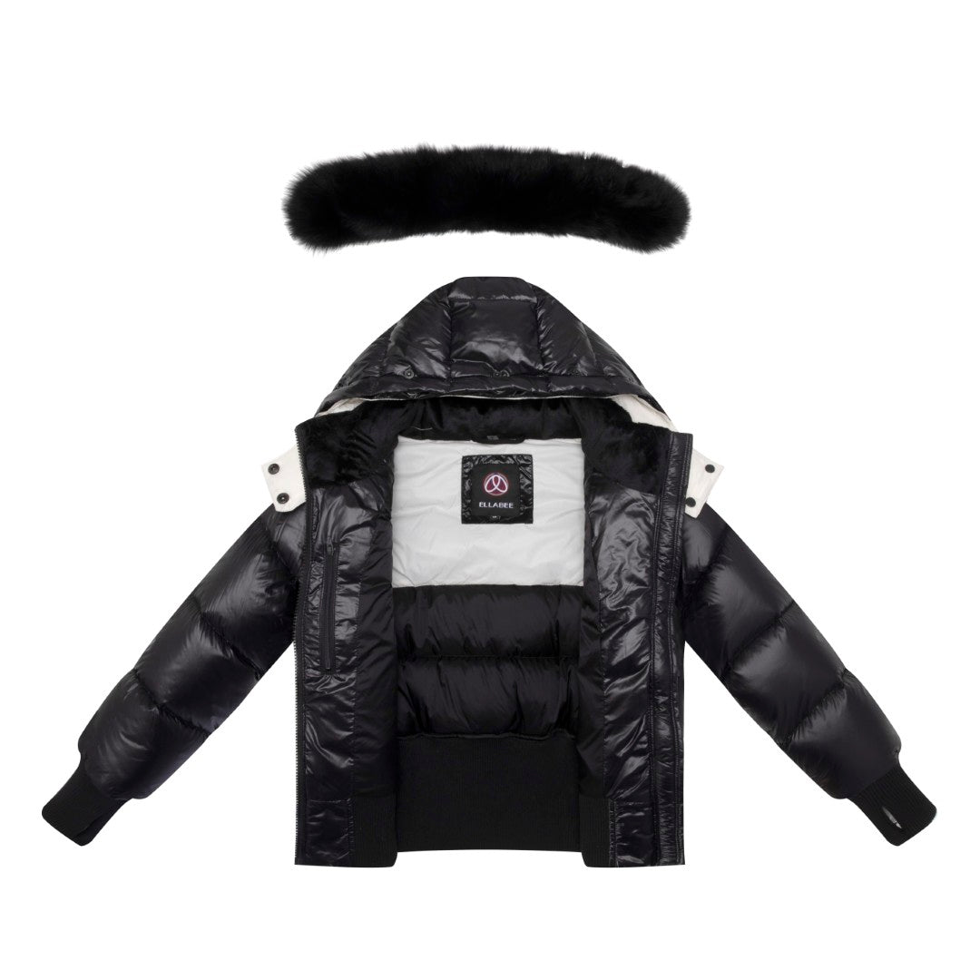 ELLABEE BLACK FUR HOOD BOMBER COAT