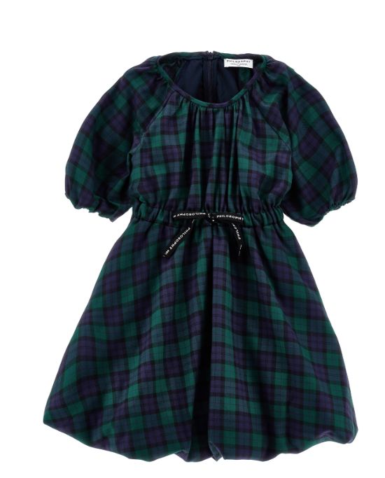 PHILOSOPHY BALLOON SLEEVE PLAID PHILOSOPHY LOGO BELT DRESS