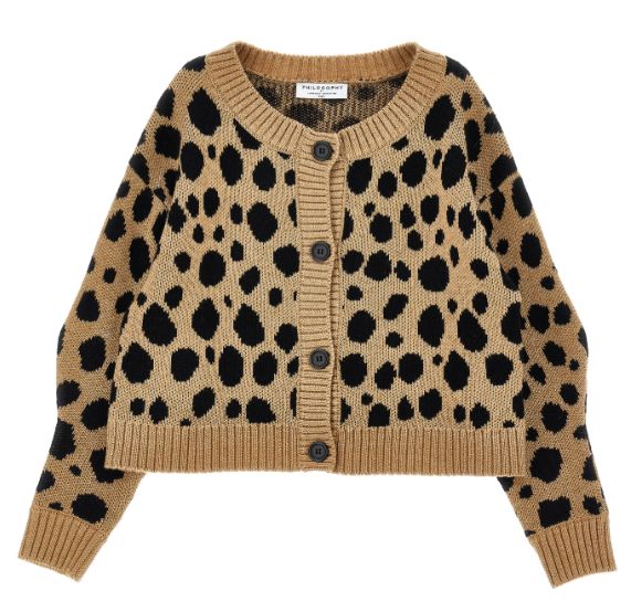 PHILOSOPHY LONG SLEEVE KNIT CHEETAH PRINT CARDIGAN WITH LOGO ON BACK