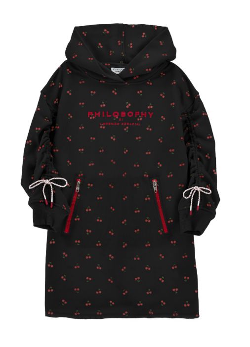 PHILOSOPHY LONG SLEEVE CHERRY PRINT HOODED DRESS WITH BOWS ON SLEEVE