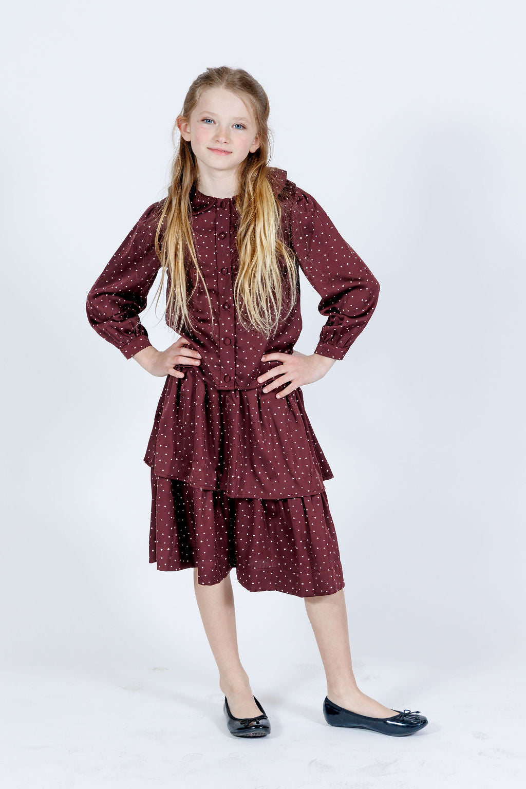 GOLD THREAD 2PC HEART PRINT BLOUSE WITH TIERED SKIRT