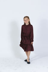 GOLD THREAD HEART PRINT BELTED DRESS