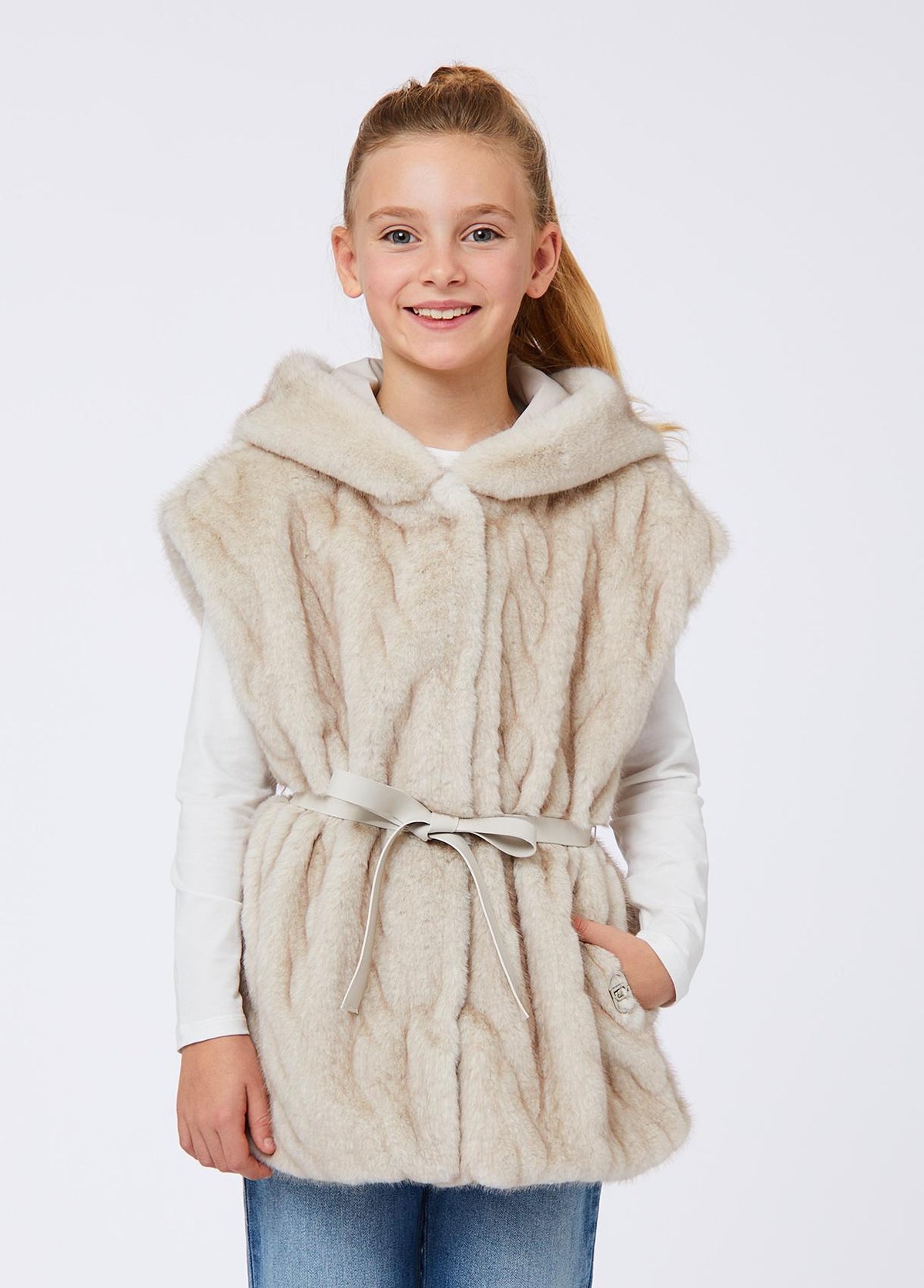 LIU-JO FUR TEXTURED HOODED BELT VEST