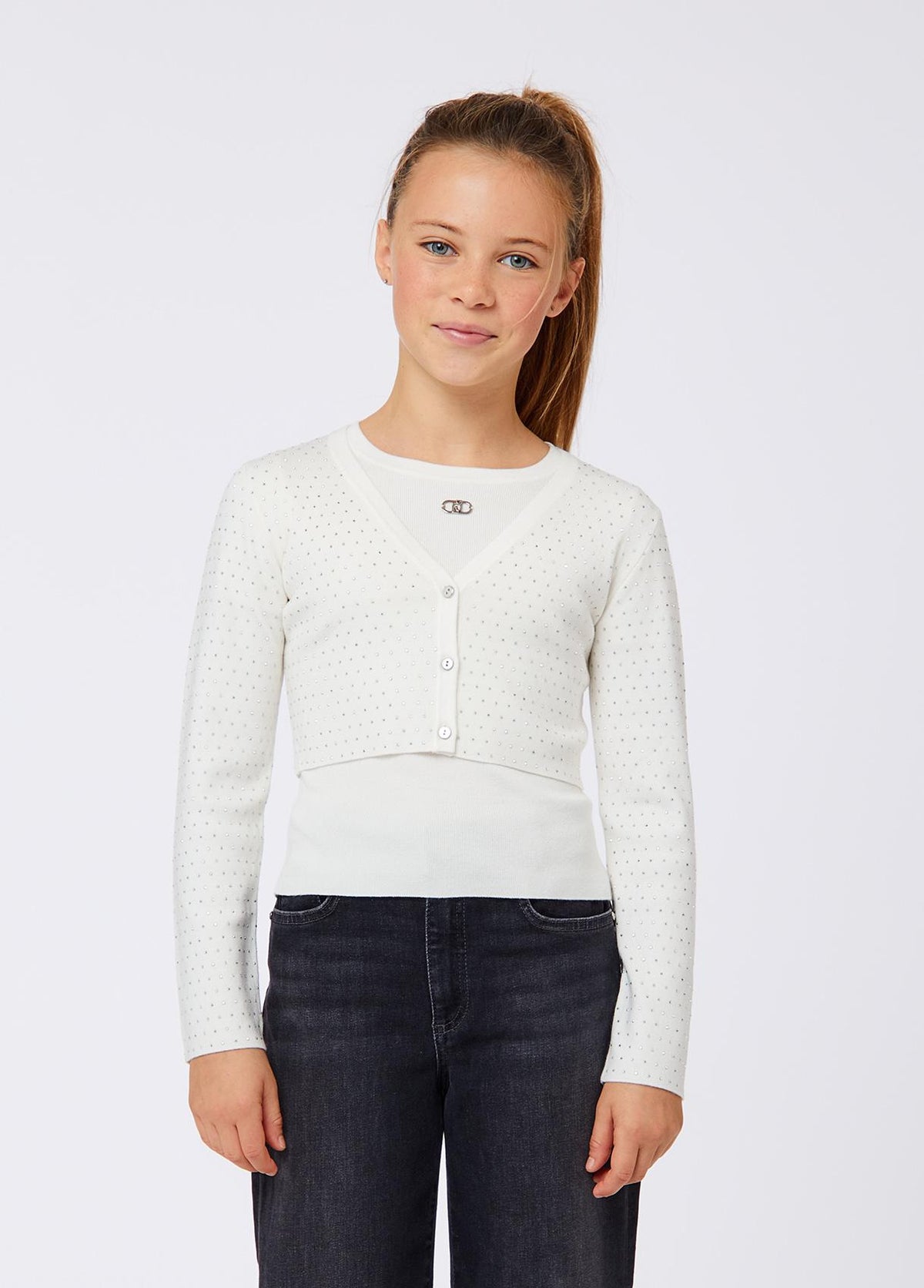 LIU-JO 2 IN 1 SET RIBBED RHINESTONE KNIT CARDIGAN WITH SHIRT