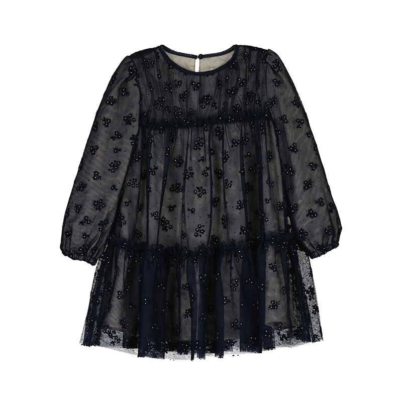MAYORAL LONG SLEEVE TUELLE FLOWER PRINT DRESS