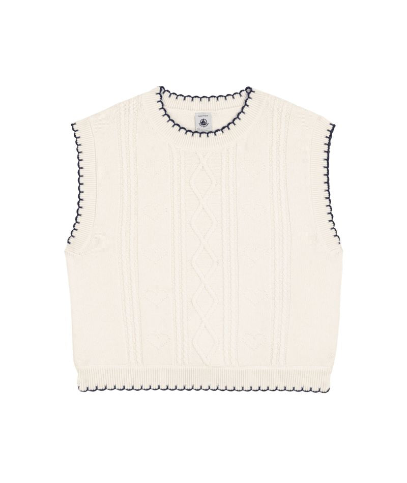 PETIT BATEAU KNIT HEART EMB. NAVY TRIM VEST