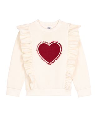 PETIT BATEAU FRONT HEART GRAPHIC AND RUFFLE SWEATSHIRT