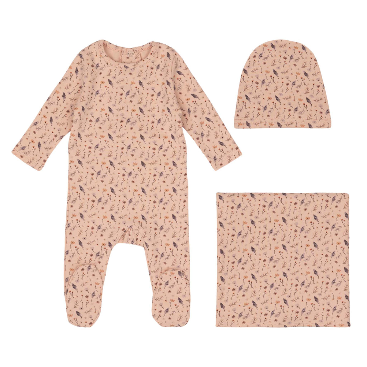 MINILABEL 3PC WILLOW PRINT FOOTIE, BEANIE WITH BLANKET SET