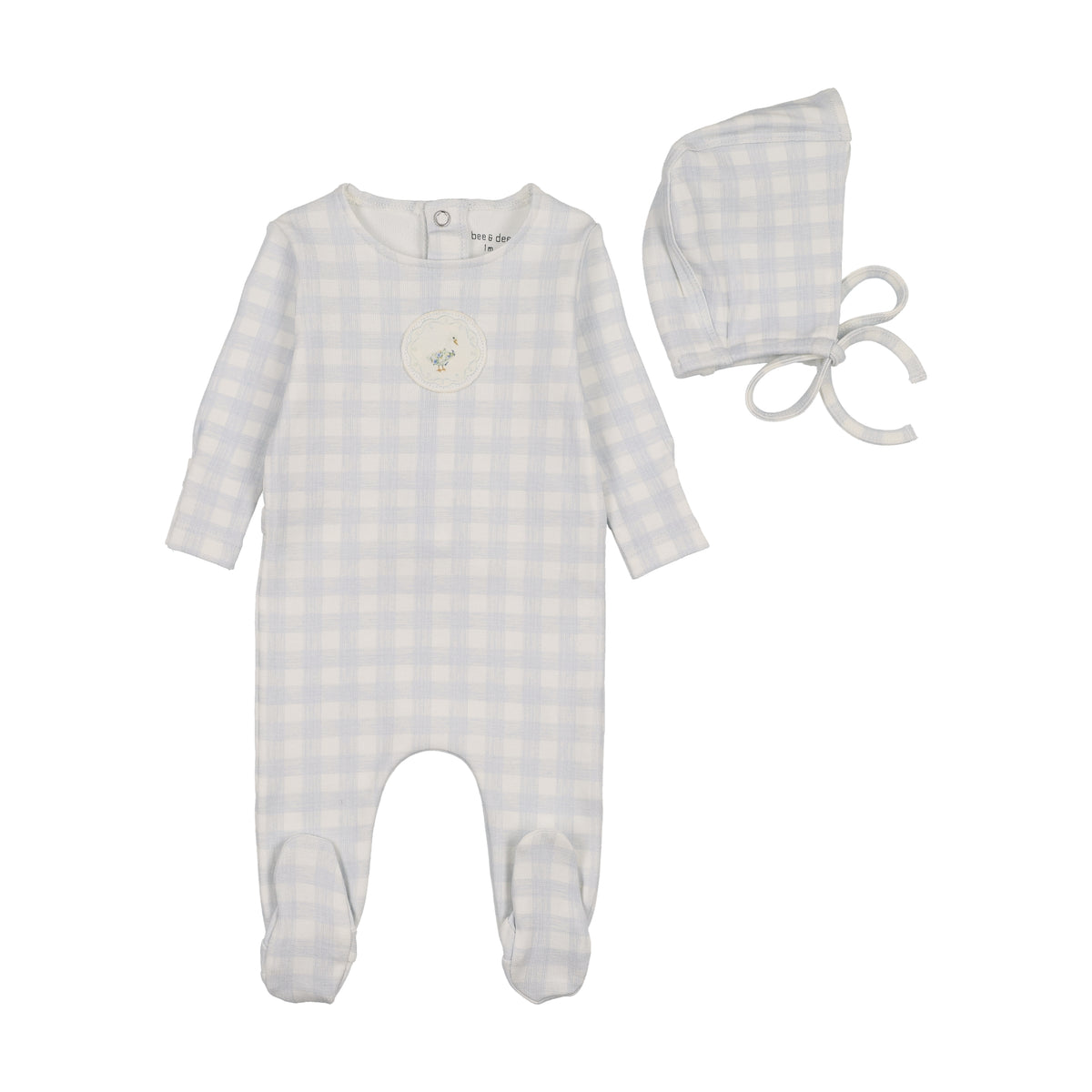 BEE & DEE 2PC GOOSE ON PLAID FOOTIE WITH BONNET SET