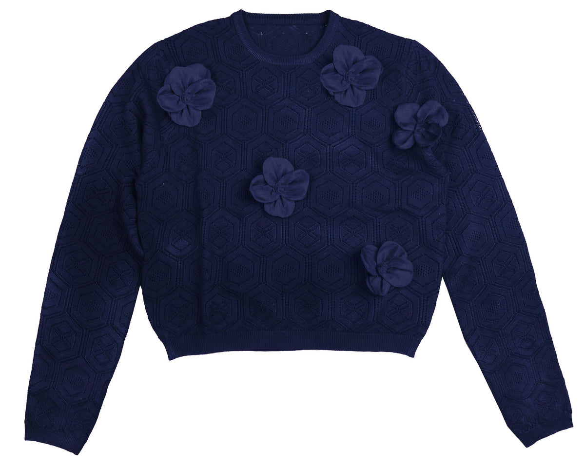 HEV FLOWER APPLIQUE TEXTURED KNIT SWEATER