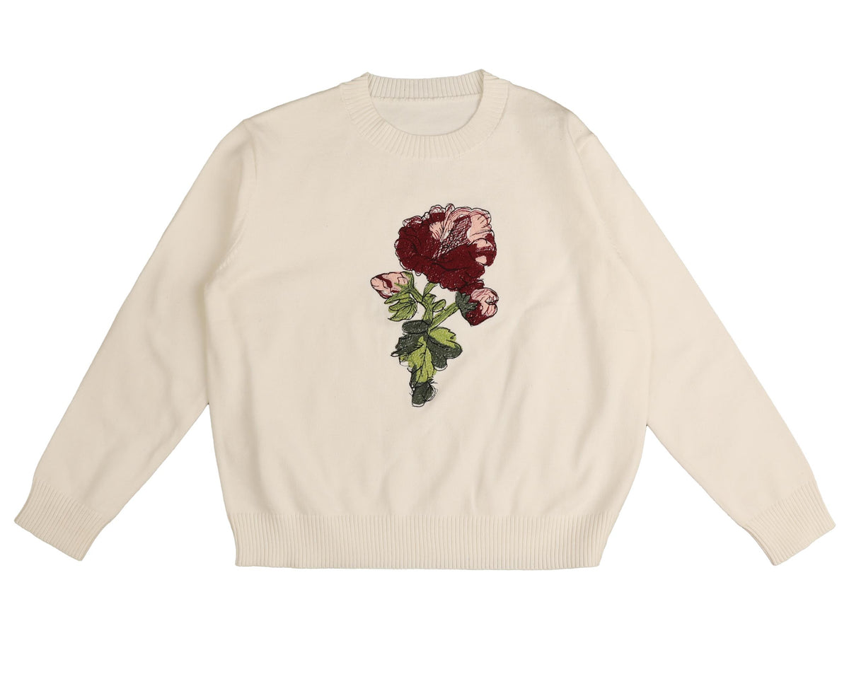 HEV LONG SLEEVE ROSE AND SCRIBBLE EMBROIDERY KNIT SWEATER