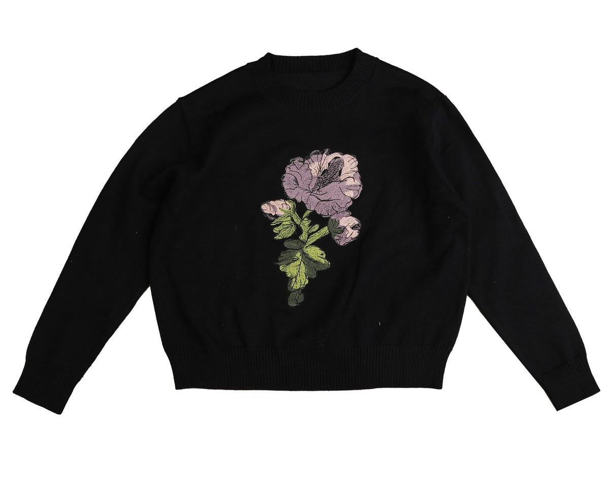HEV LONG SLEEVE ROSE AND SCRIBBLE EMBROIDERY KNIT SWEATER