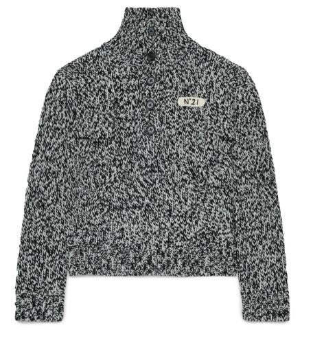 N.21 HALF BUTTONED FUNNEL NECK SPECKLED KNIT SWEATER