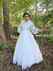 ELOISA EMBROIDERED FLOWERS BUBBLE SLEEVE TULLE GOWN