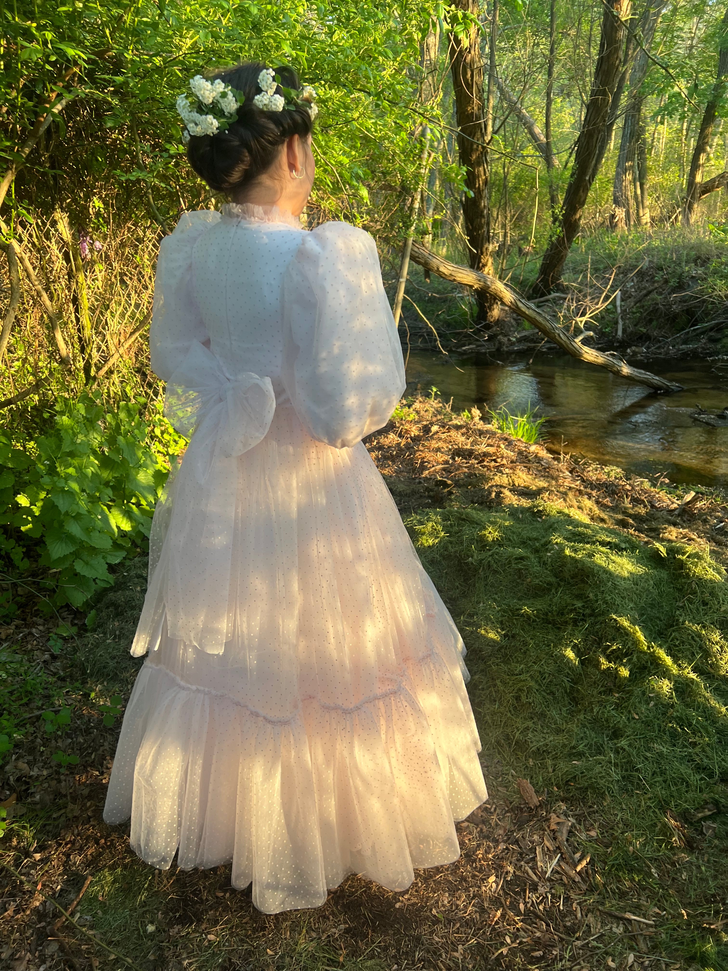ZOE TONE ON TONE POLKA DOT RUFFLE BOTTOM TULLE GOWN
