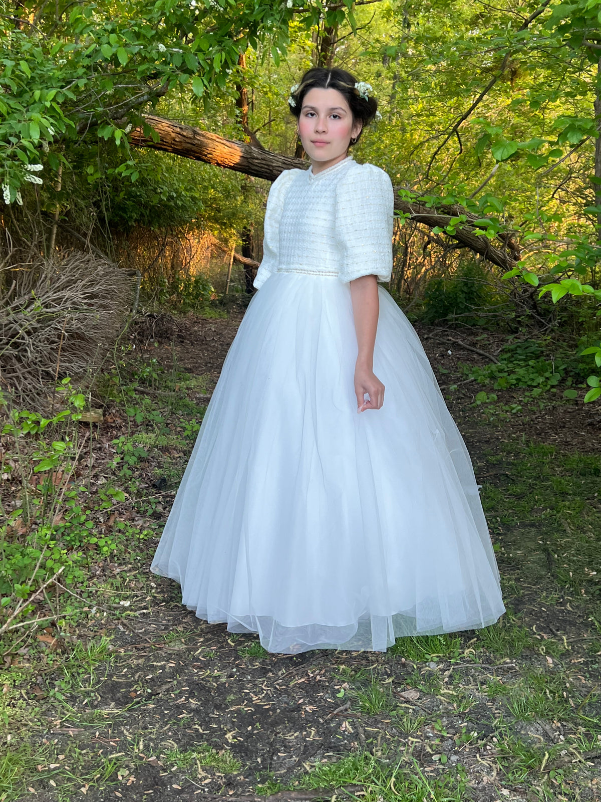 ZOE CHANEL TWEED GOLD STRIPE DETAIL TULLE GOWN