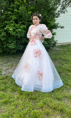 ZOE 3/4 SLEEVE EMBROIDERED FLOWER TULLE GOWN