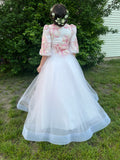 ZOE 3/4 SLEEVE EMBROIDERED FLOWER TULLE GOWN