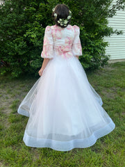 ZOE 3/4 SLEEVE EMBROIDERED FLOWER TULLE GOWN