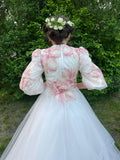 ZOE 3/4 SLEEVE EMBROIDERED FLOWER TULLE GOWN