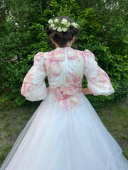 ZOE 3/4 SLEEVE EMBROIDERED FLOWER TULLE GOWN