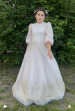 ZOE BUBBLE SLEEVE GLITTER LINES DETAIL TULLE GOWN