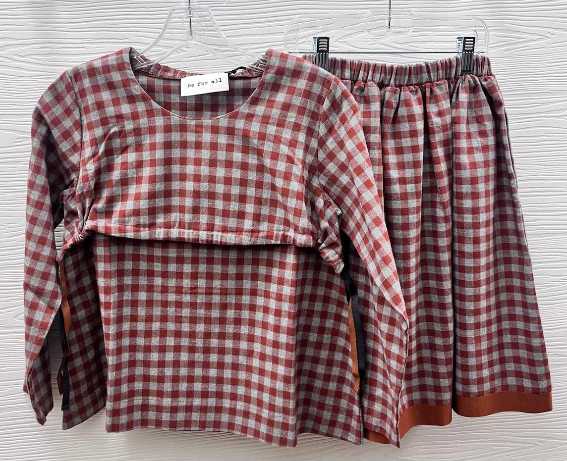 BE FOR ALL 2PC CROPPED OVERLAY CHECKED TOP WITH SKIRT SET