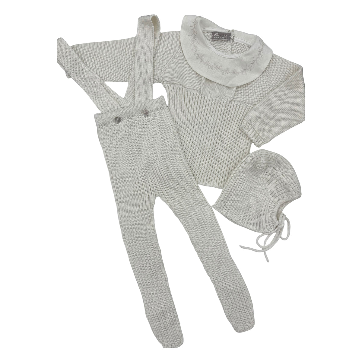 CARMINA 3PC KNIT COLLAR TOP WITH SUSPENDER PANTS AND BONNET SET