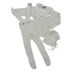 CARMINA 3PC KNIT COLLAR TOP WITH SUSPENDER PANTS AND BONNET SET