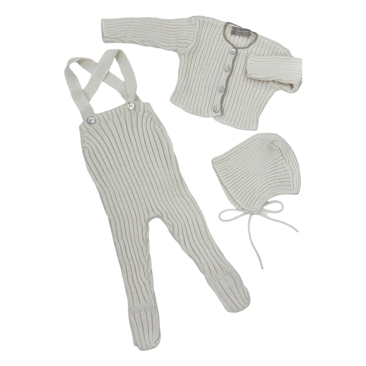CARMINA 3PC KNIT OVERALLS WITH SHRUG & BONNET SET