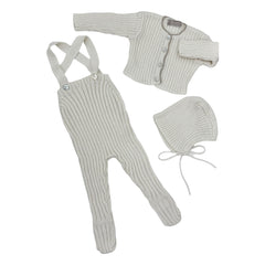CARMINA 3PC KNIT OVERALLS WITH SHRUG & BONNET SET