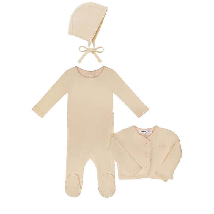 LITTLE PARNI 3PC POINTELLE CARDIGAN, FOOTIE & BONNET LAYETTE SET