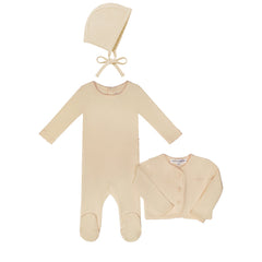 LITTLE PARNI 3PC POINTELLE CARDIGAN, FOOTIE & BONNET LAYETTE SET