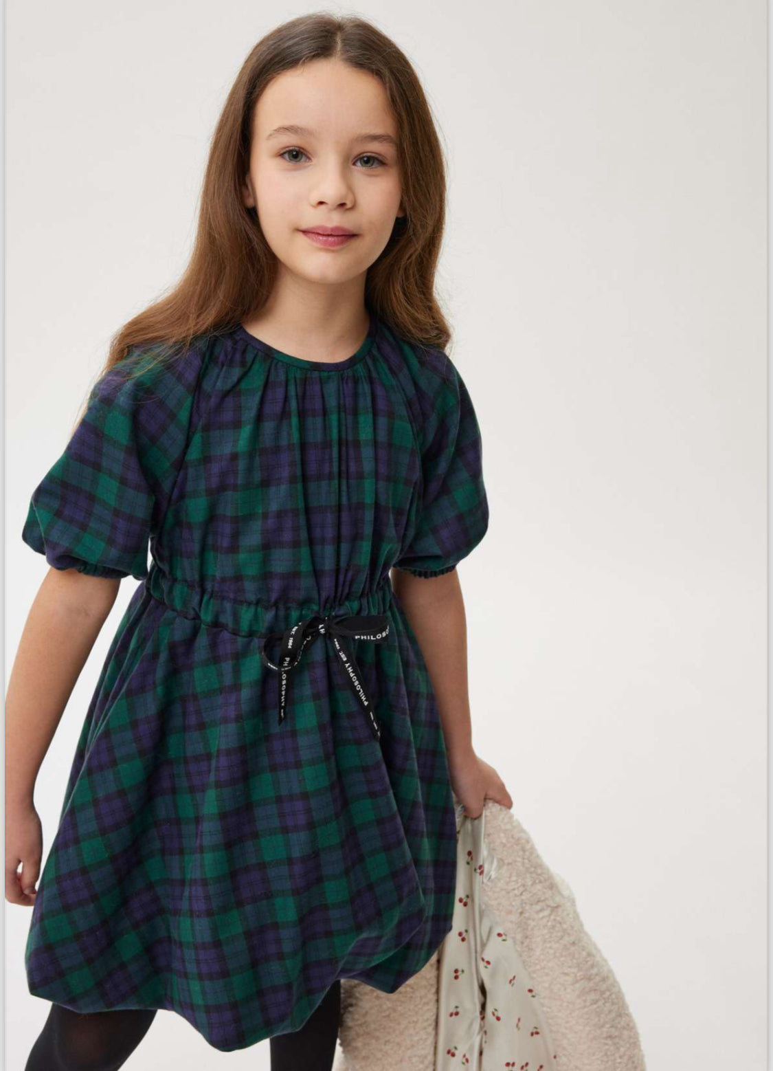 PHILOSOPHY BALLOON SLEEVE PLAID PHILOSOPHY LOGO BELT DRESS