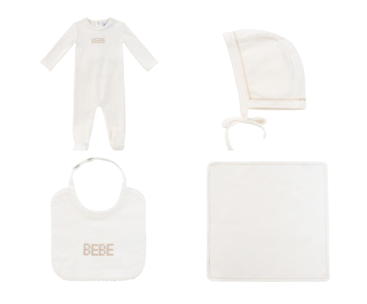 KIPP BABY 4PC BEBE STITCH FOOTIE,BIB,BONNET&BLANKET