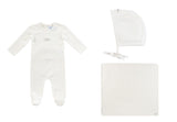 KIPP BABY 3PC POINTELLE FOOTIE,PIXIE BONNET & BLANKET