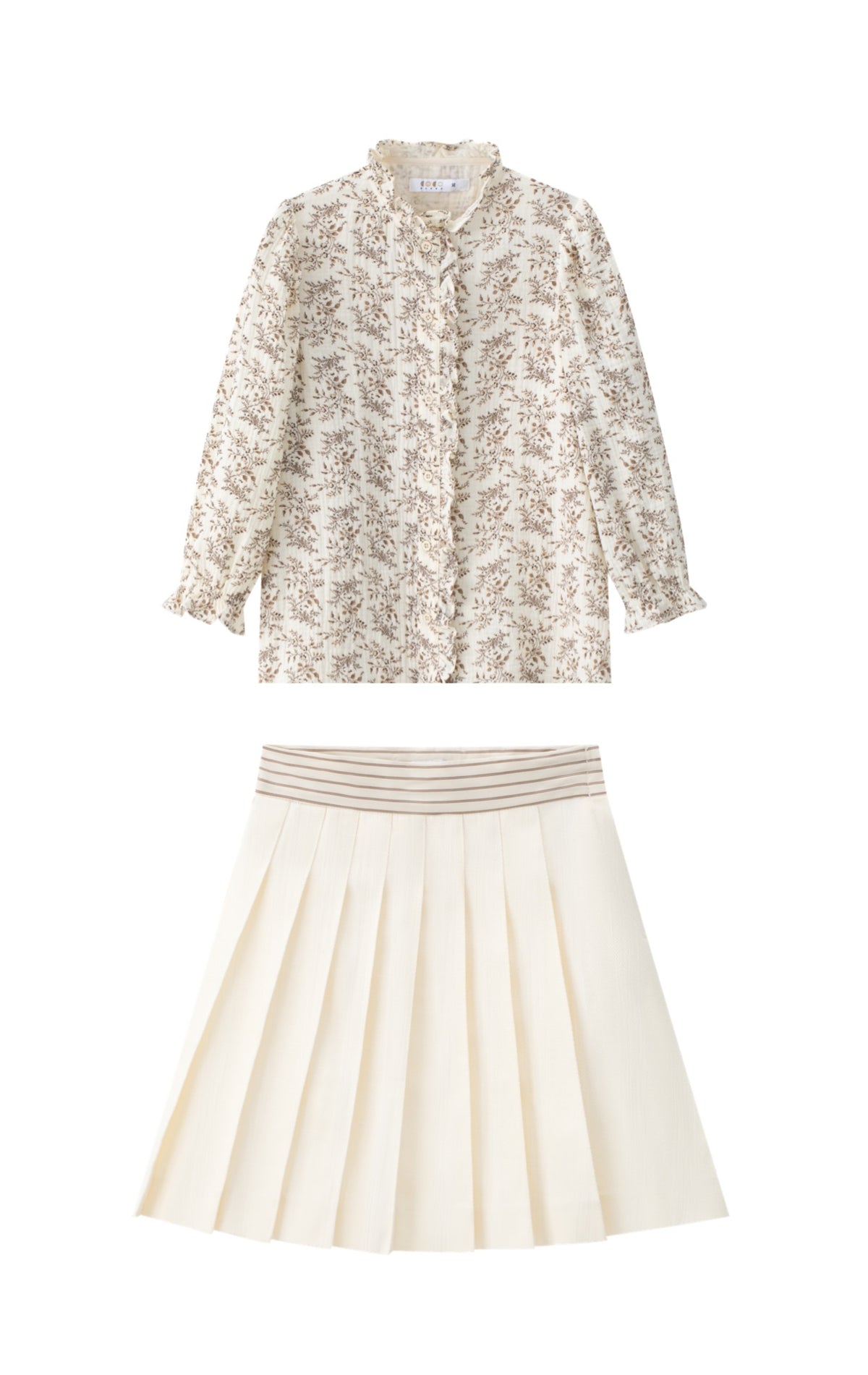 COCO BLANC 2PC FLORAL BLOUSE WITH STRIPE WAIST PLEATED SKIRT