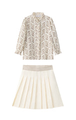 COCO BLANC 2PC FLORAL BLOUSE WITH STRIPE WAIST PLEATED SKIRT