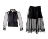 ELIE SAAB 2PC LOGO EMBROIDERED ORGANZA SHIRT WITH SKIRT