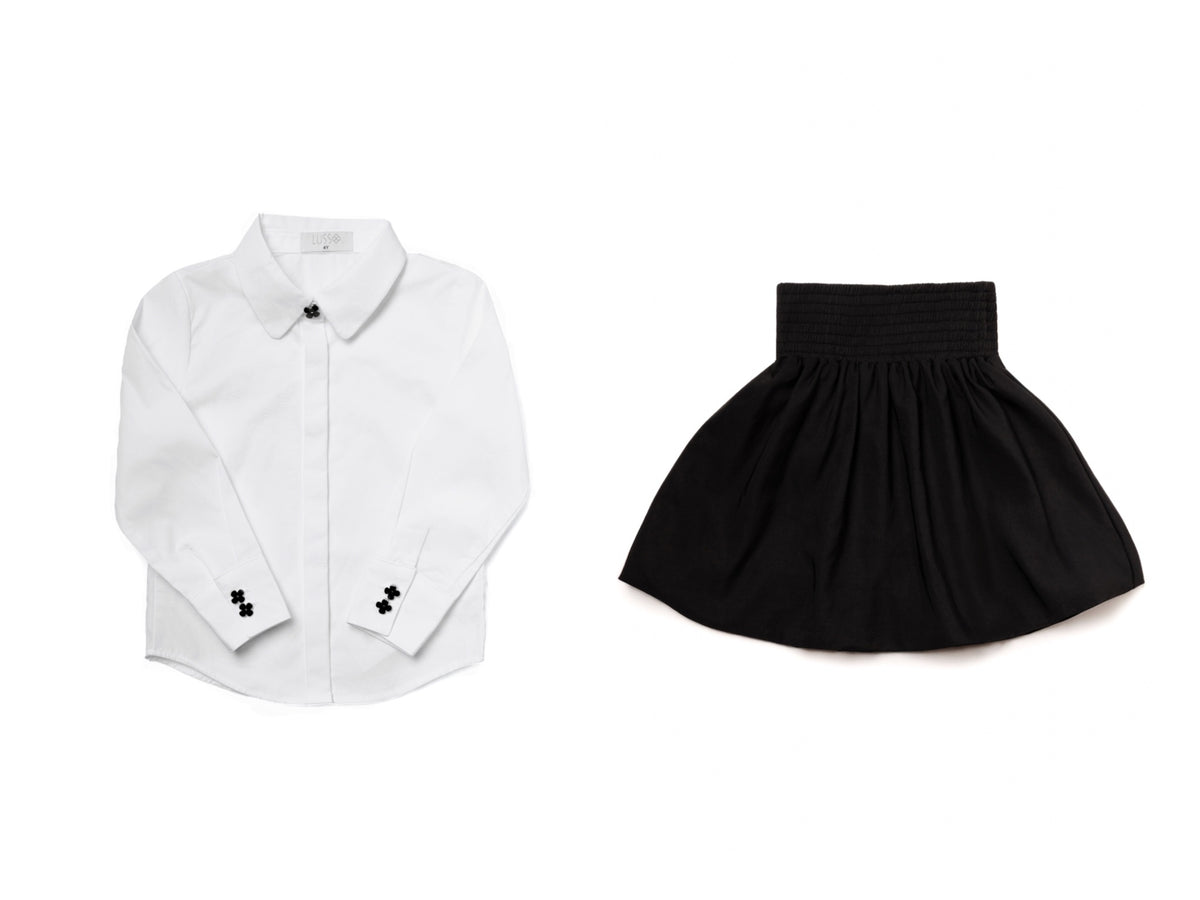 LUSSO 2PC BRANDED BUTTON SHIRT WITH SMOCKED BUBBLE SKIRT