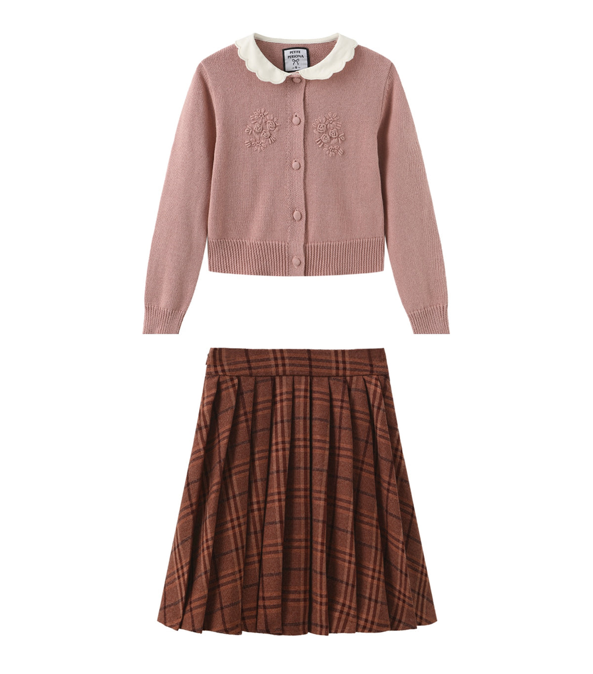 PETITE PERSONA 2PC PEER COLLARED CARDIGAN WITH PLAID PLEATED SKIRT