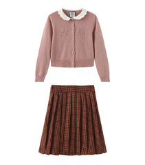 PETITE PERSONA 2PC PEER COLLARED CARDIGAN WITH PLAID PLEATED SKIRT